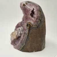 Seltene Amethyst Druse im Fliederton mit Calcite Kristall, 1500g, 12,5x9,5x10cm (9)